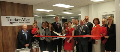 Tom Erb, Mary Elizabeth Coleman, John Fischer, Emily Kirk, Jeanette Hecht and Olivia Elder cut the ribbon at TuckerAllen's Fairview Heights location, September 6th.